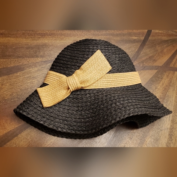 INC International Concepts Straw Bow Kettle Hat Black Floppy Sun Hat One Size - Picture 4 of 8